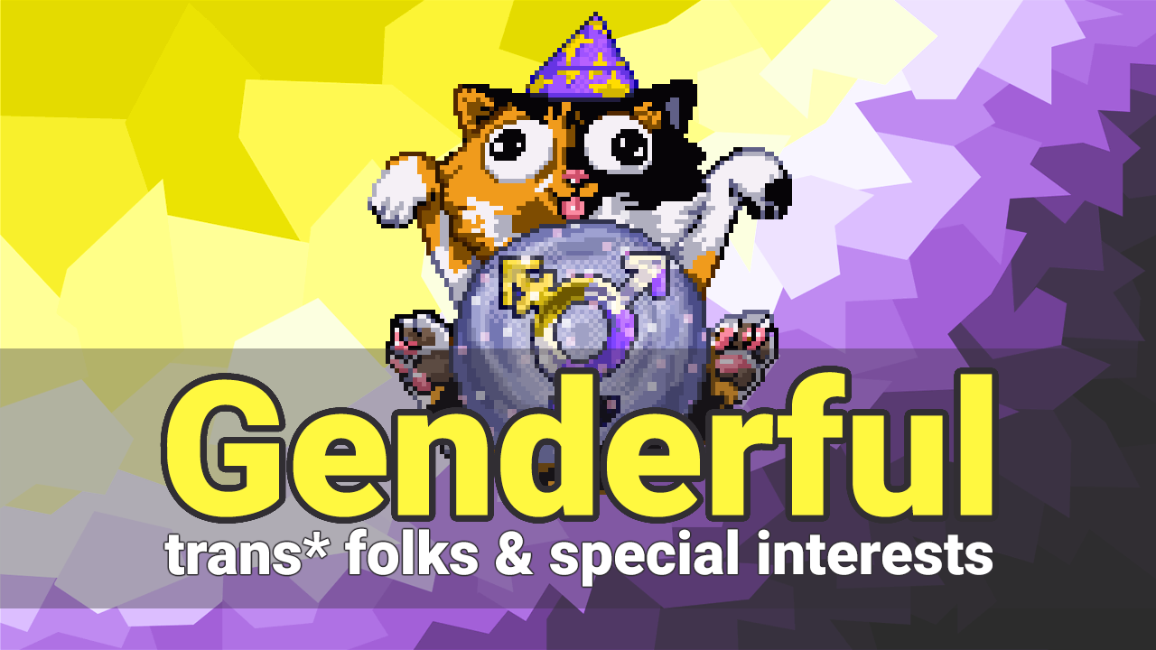 Genderful Logo with calico yaycat and nonbinary background